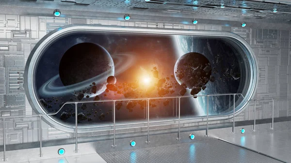 Witte Tech Ruimteschip Ronde Venster Interieur Met Uitzicht Verre Planeten — Stockfoto