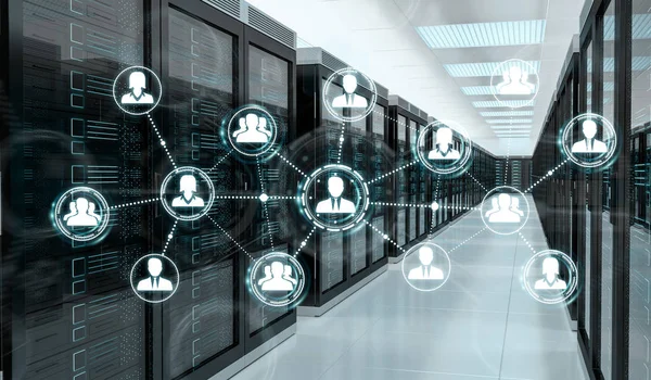 Weißes Soziales Netzwerk Über Serverraum Rechenzentrum Interieur Rendering — Stockfoto