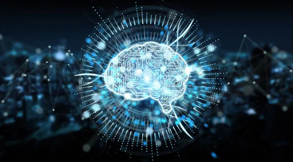 Dijital yapay zeka simgesi hologram üzerinde mavi şehir arka plan 3d render