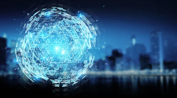 Holograma Digital Esfera Explosiva Triângulo Fundo Azul Cidade Renderização — Fotografia de Stock