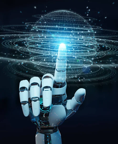Beyaz robot el dijital küre bağlantısı hologram 3B oluşturmayı kullanarak arka plan bulanık üzerinde