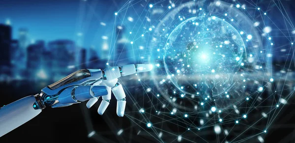 Beyaz robot el dijital ekran arabirimi 3d rendering kullanarak arka plan bulanık üzerinde