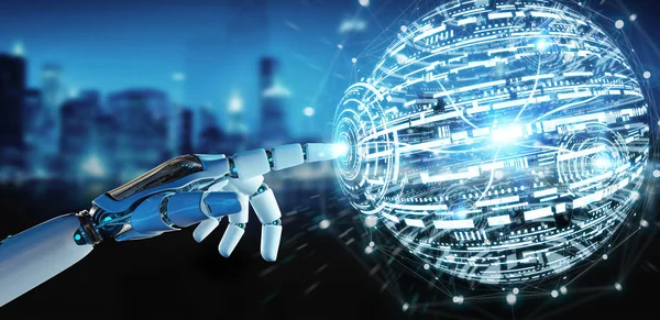 Beyaz robot el bulanık arka plan dijital dünya hud arabirimi 3d işleme kullanarak
