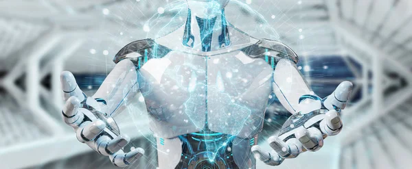Hombre Blanco Cyborg Sobre Fondo Borroso Usando Planeta Tierra Interfaz — Foto de Stock