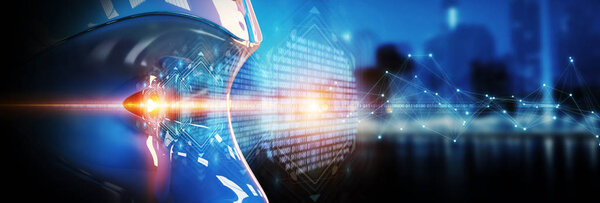Cyborg head using artificial intelligence to create digital interface on city bokeh background 3D rendering
