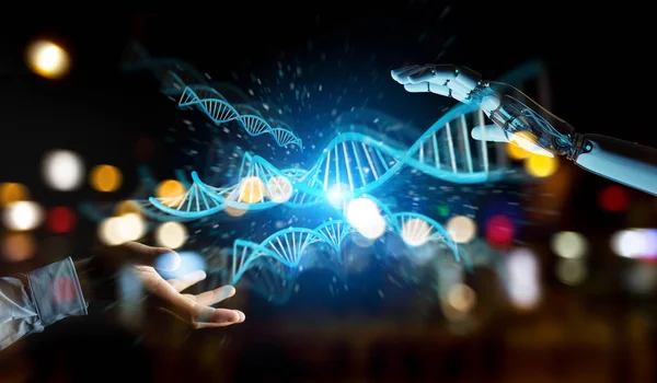 White Cyborg Hand Blurred Background Scanning Human Dna Rendering — Stock Photo, Image