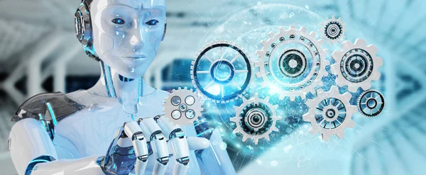 Witte Humanoïde Robot Onscherpe Achtergrond Digitale Gears Rendering Gebruiken — Stockfoto