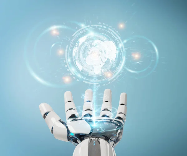 White Cyborg Hand Blurred Background Using Digital Datas Interface Rendering — Stock Photo, Image