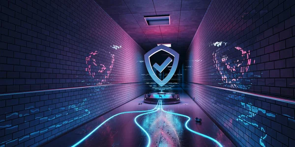 Holograma Seguridad Cibernética Subterránea Azul Rosa Con Representación Escudo Digital — Foto de Stock