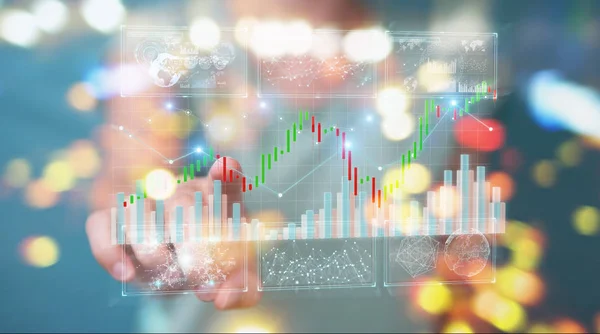 Üzletember Renderelés Tőzsdei Adatok Diagramok Segítségével Elmosódott Háttér — Stock Fotó