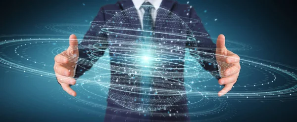 İşadamı dijital küre bağlantısı hologram 3B oluşturmayı kullanarak arka plan bulanık üzerinde