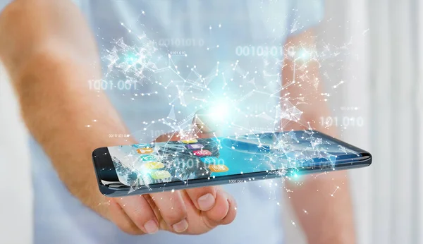 Businessman Blurred Background Using Digital Binary Code Mobile Phone Rendering — Stock Photo, Image