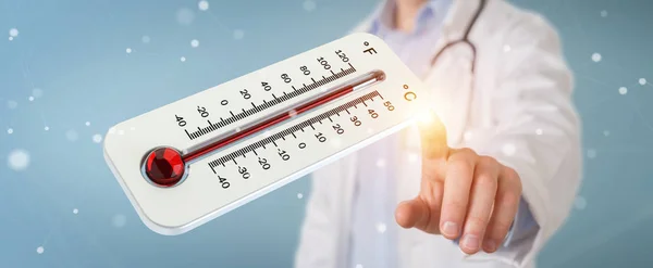 Arzt Auf Verschwommenem Hintergrund Hält Rotglühendes Digitales Thermometer Rendering — Stockfoto
