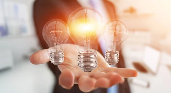 Businessman Blurred Background Connecting Modern Lightbulbs Connections Rendering — Stock Photo, Image