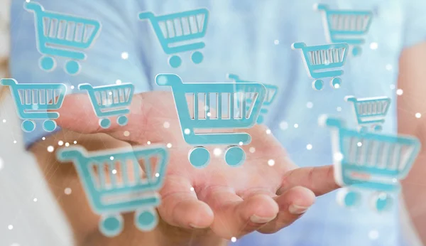 Geschäftsmann Auf Verschwommenem Hintergrund Mit Digitalen Shopping Icons Rendering — Stockfoto