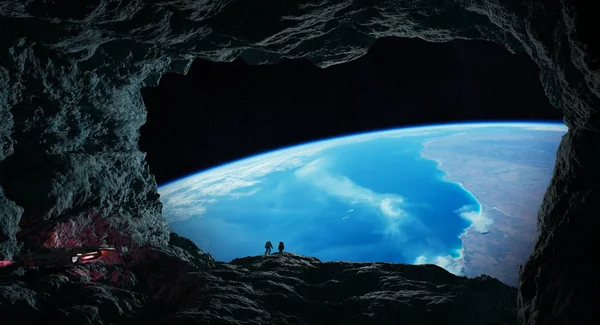 Astronauts Spaceship Exploring Cave Asteroid Space Rendering Elements Image Furnished — Stock Photo, Image