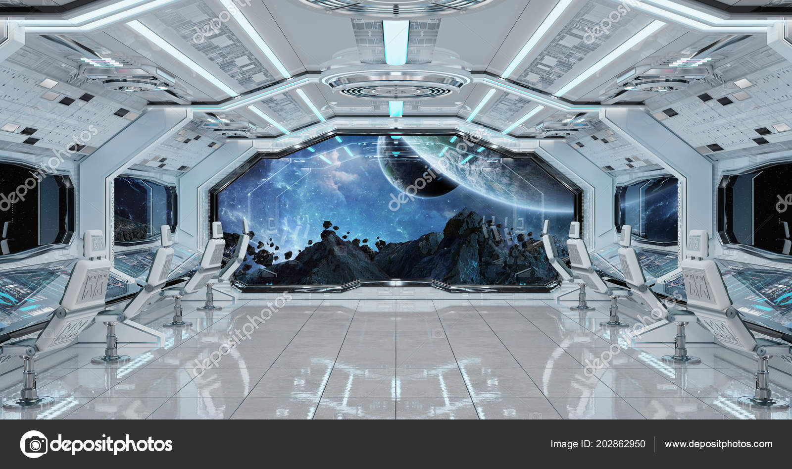 White Clean Spaceship Interior View Distant Planets System Rendering  Elements Stock Photo by ©sdecoret 202862950