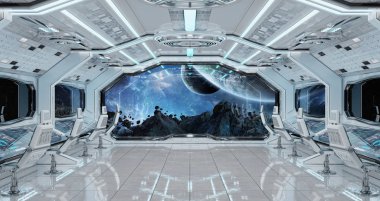 Beyaz temiz uzay gemisi iç uzak sistem 3d işleme öğeleri Nasa tarafından döşenmiş bu görüntünün üzerinde manzaralı