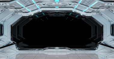 Siyah arka plan 3d render ile beyaz temiz uzay gemisi iç