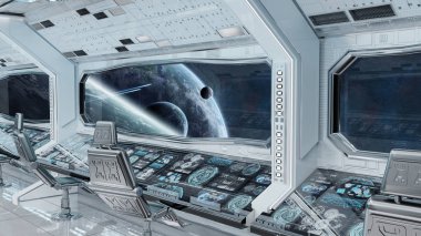 Beyaz temiz uzay gemisi iç uzak sistem 3d işleme öğeleri Nasa tarafından döşenmiş bu görüntünün üzerinde manzaralı