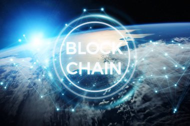 Blockchain ve bağlantıları dünya 3d işleme öğeleri Nasa tarafından döşenmiş bu görüntünün üzerinden