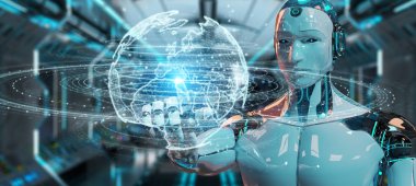 Arka plan bulanık kullanma beyaz insanımsı küre ağ hologram harita 3d render Avrupa ile