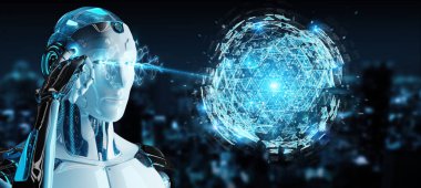Dijital üçgen küre hologram 3d render patlayan kullanarak arka plan bulanık beyaz robot