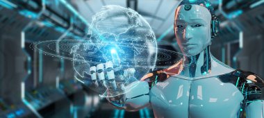 Dünya ağ hologram Amerika ABD harita 3d render ile kullanarak arka plan bulanık beyaz robot