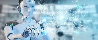 Beyaz kadın insanımsı bulanık arka plan dijital dünya hud arabirimi 3d rendering kullanarak üzerinde