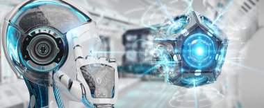 Beyaz kadın dron güvenlik kamera 3B oluşturmayı kullanarak arka plan bulanık üzerinde insansı