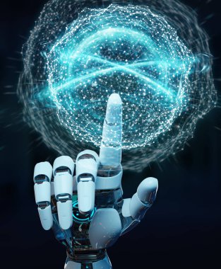 Beyaz insansı el dijital küresel ağ 3B oluşturmayı kullanarak arka plan bulanık üzerinde