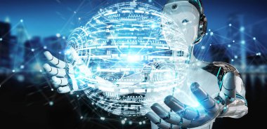 Dijital dünya hud arabirimi 3d rendering kullanarak arka plan bulanık beyaz kadın robot