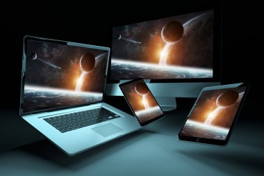 Modern dijital gümüş teknik cihaz içinde karanlık geçmiş 3d render