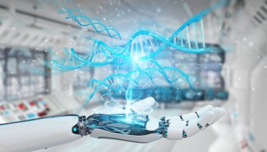 Beyaz cyborg el insan DNA'sı 3d render tarama bulanık arka plan üzerinde