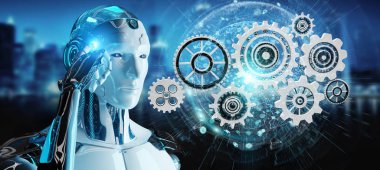 Dijital Gears'ın kullanımı 3d render bulanık arka plan üzerinde beyaz insansı robot