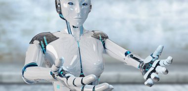 Beyaz arka plan üzerinde 3d render izole iki ellerini açarak beyaz kadın cyborg