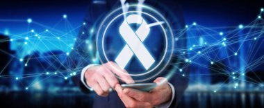 İşadamı dijital şerit kanser arabirimi 3d rendering kullanarak arka plan bulanık üzerinde