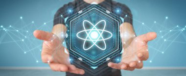 İşadamı modern molekül yapısı 3B oluşturmayı kullanarak arka plan bulanık üzerinde