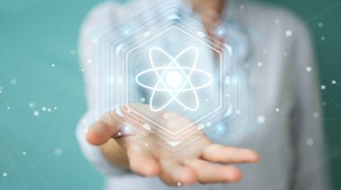 İşkadını modern molekül yapısı 3B oluşturmayı kullanarak arka plan bulanık üzerinde