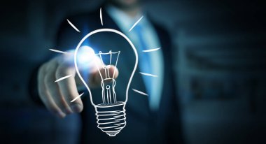 Dokunaklı bir kroki ampul arka plan bulanık üzerinde işadamı