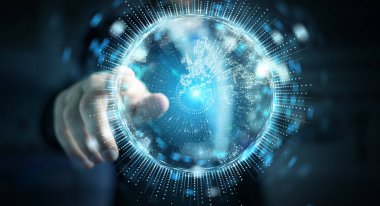 İşadamı üzerinde küre ağ hologram Avrupa ile harita 3B oluşturmayı kullanarak arka plan bulanık