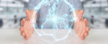 İşadamı üzerinde küre ağ hologram Avrupa ile harita 3B oluşturmayı kullanarak arka plan bulanık