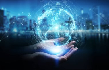 İşkadını üzerinde küre ağ hologram Avrupa ile harita 3B oluşturmayı kullanarak arka plan bulanık