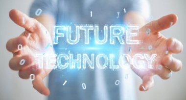 Geleceğin teknolojisi metin arabirimi 3d rendering kullanarak arka plan bulanık üzerinde işadamı