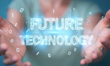 İşkadını geleceğin teknolojisi metin arabirimi 3d rendering kullanarak arka plan bulanık üzerinde