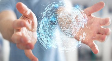 İşadamı dijital üçgen küre hologram 3d render patlayan kullanarak arka plan bulanık üzerinde