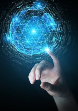 İşkadını dijital üçgen küre hologram 3d render patlayan kullanarak arka plan bulanık üzerinde