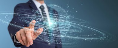 İşadamı dijital küre bağlantısı hologram 3B oluşturmayı kullanarak arka plan bulanık üzerinde