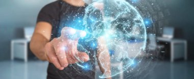İşadamı üzerinde küre ağ hologram Amerika ABD harita 3d render ile kullanarak arka plan bulanık