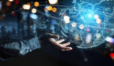 İşadamı üzerinde küre ağ hologram Amerika ABD harita 3d render ile kullanarak arka plan bulanık